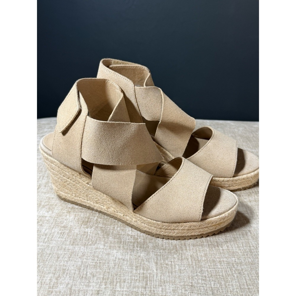 Eileen Fisher Taupe Suede Espadrille Wedge Sandals Hook Loop Women's Size 7.5